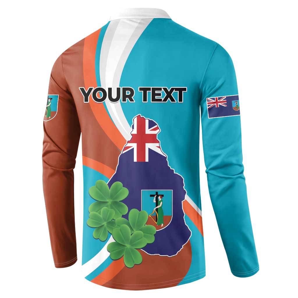Back teal and rust button sweatshirt with Your Text, Montserrat map and clover graphics.