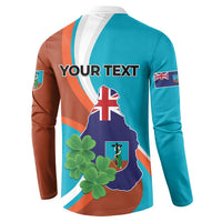 Back teal and rust button sweatshirt with Your Text, Montserrat map and clover graphics.
