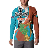 Long-sleeve teal and rust button sweatshirt with Montserrat emblem, harp and clover.