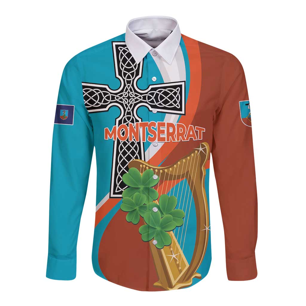 Personalised long sleeve button shirt with Montserrat graphic, harp and cross, teal and rust