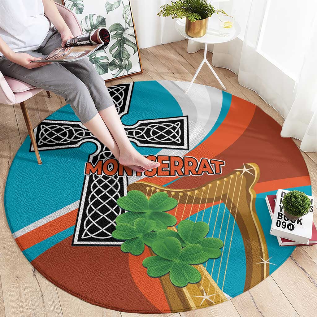 Round area rug with teal and rust orange abstract harp graphic, black cross pattern, green leaves