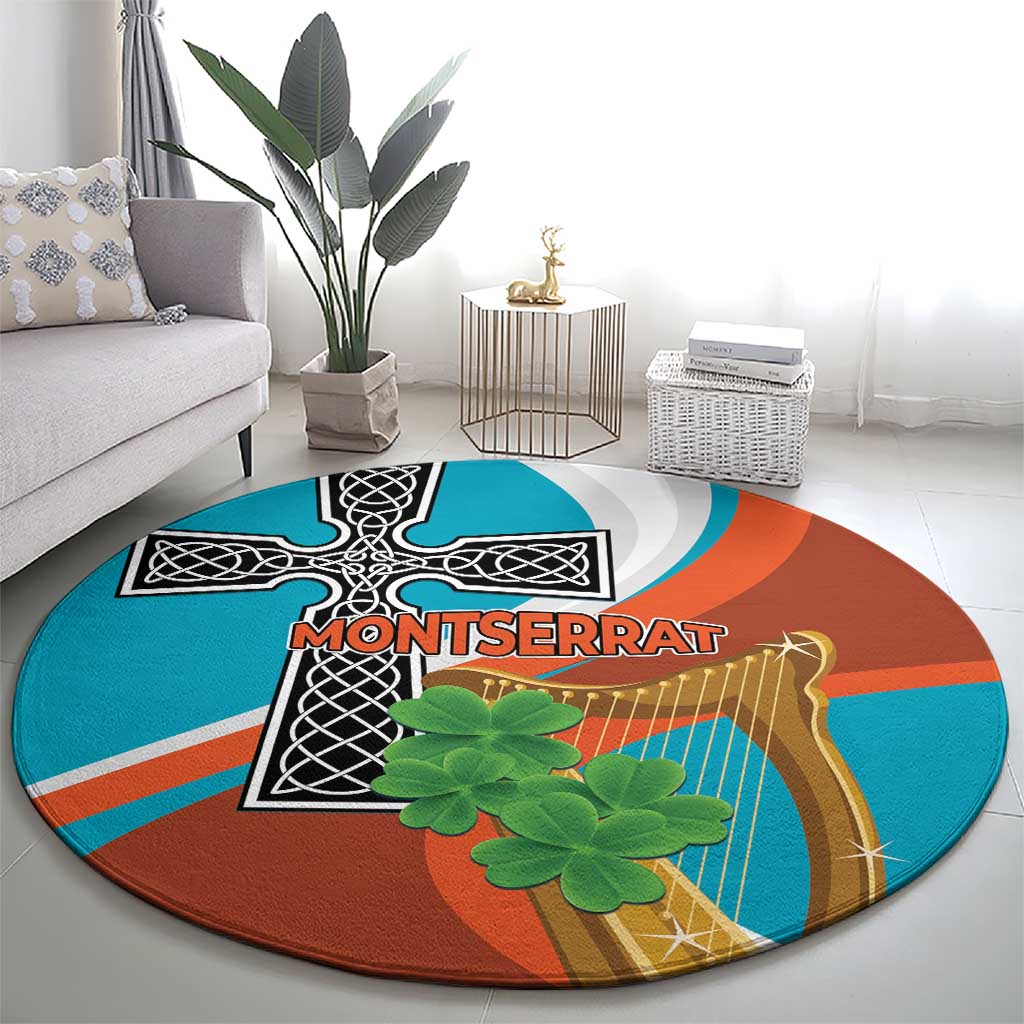 Round rug with circular teal, rust, and gray abstract pattern featuring black cross, harp, green plant