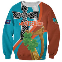 Two-tone sweatshirt with teal and brown front print: harp, cross, clovers