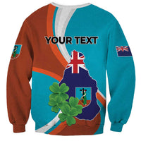 Two-tone sweatshirt with teal and brown back print: your text, map, clovers, flag