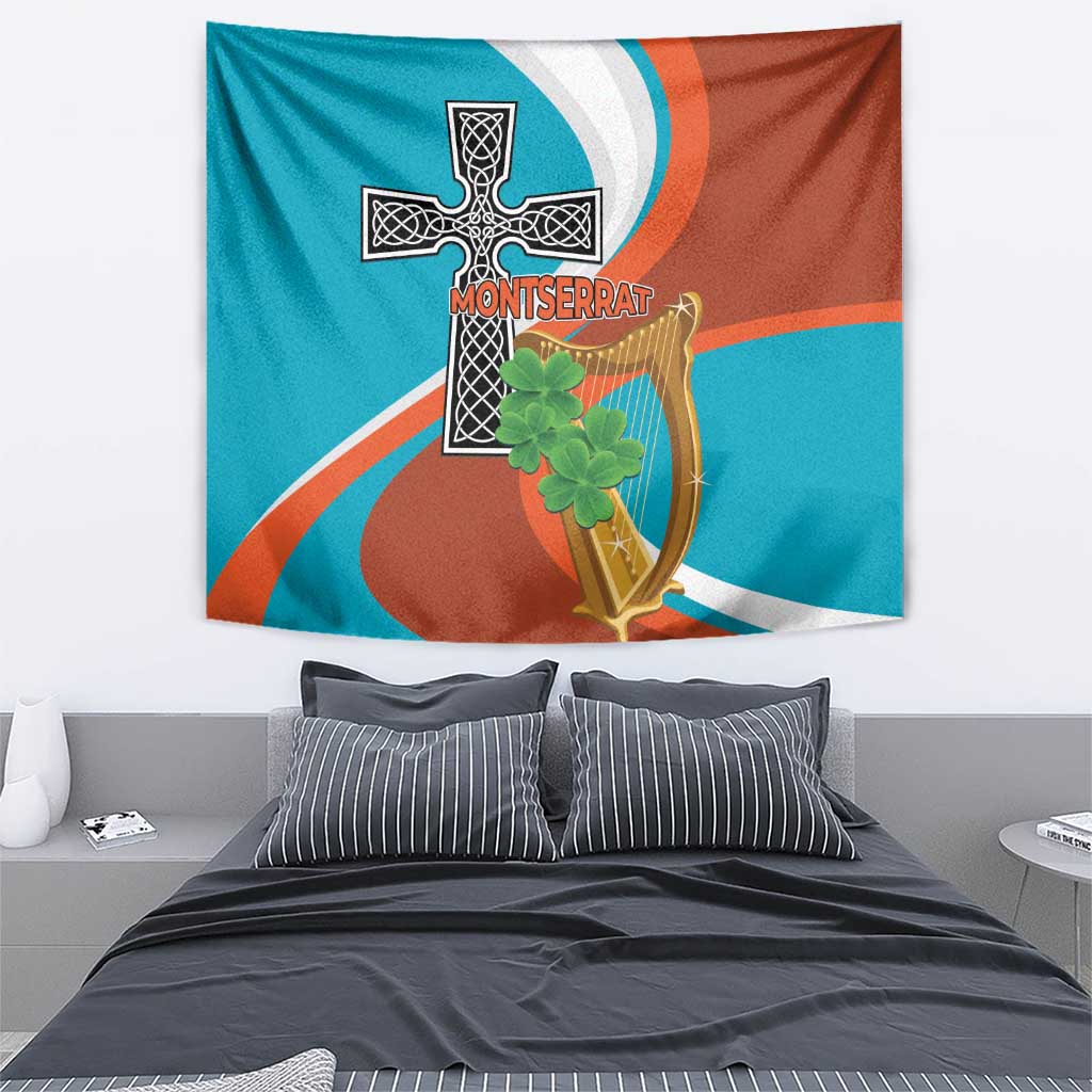 Wall tapestry with Montserrat cross, gold harp, and green shamrock, teal and orange
