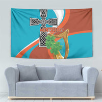 Wall tapestry with Montserrat cross and gold harp, teal and orange with white wave band