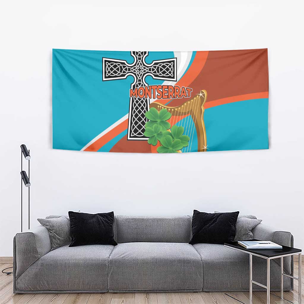 Wall tapestry showing Montserrat cross, gold harp, and green shamrock, teal and orange