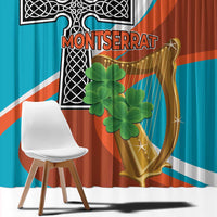 Teal and rust window curtains featuring gold harp, black cross, and green clover motif.