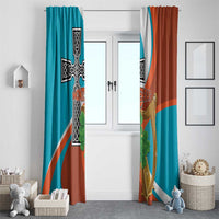 Pair of teal and rust window curtains with gold harp, black cross, and clover motif.