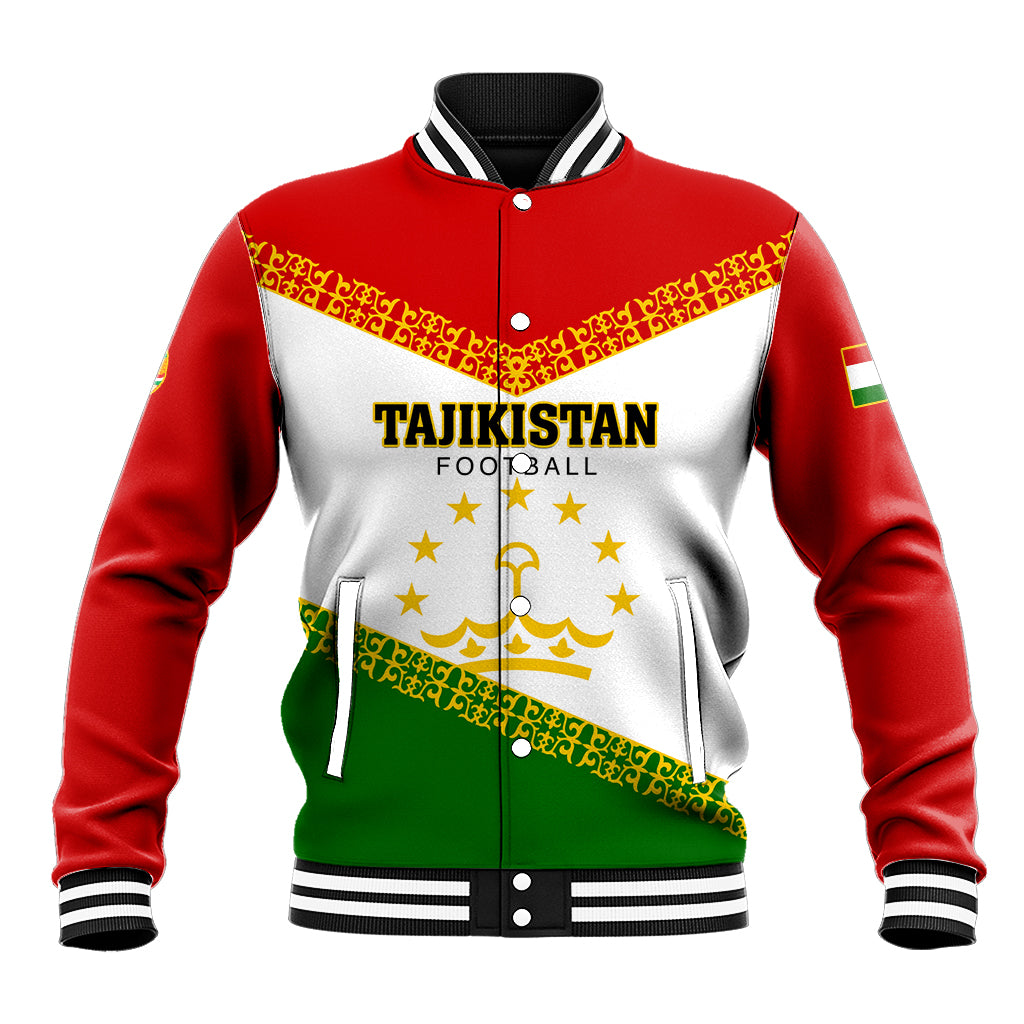 Unisex varsity baseball jacket with red, white and green graphic and TAJIKISTAN front logo