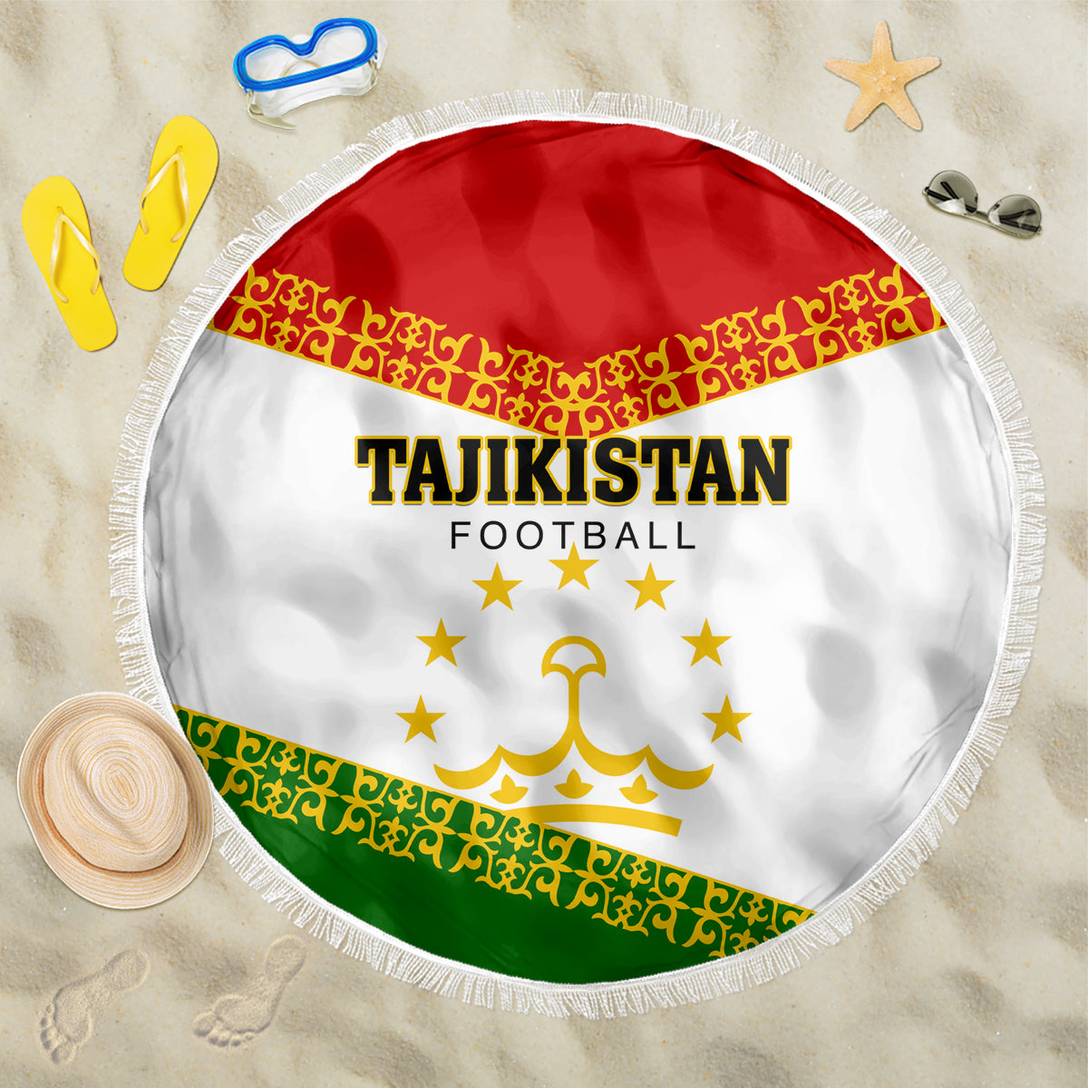 Round fringed beach blanket with Tajikistan Football crest, white center, red top, green bottom