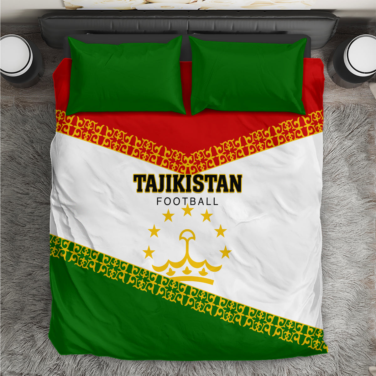 Football bedding set: white duvet with green sides, red band, gold Tajikistan emblem