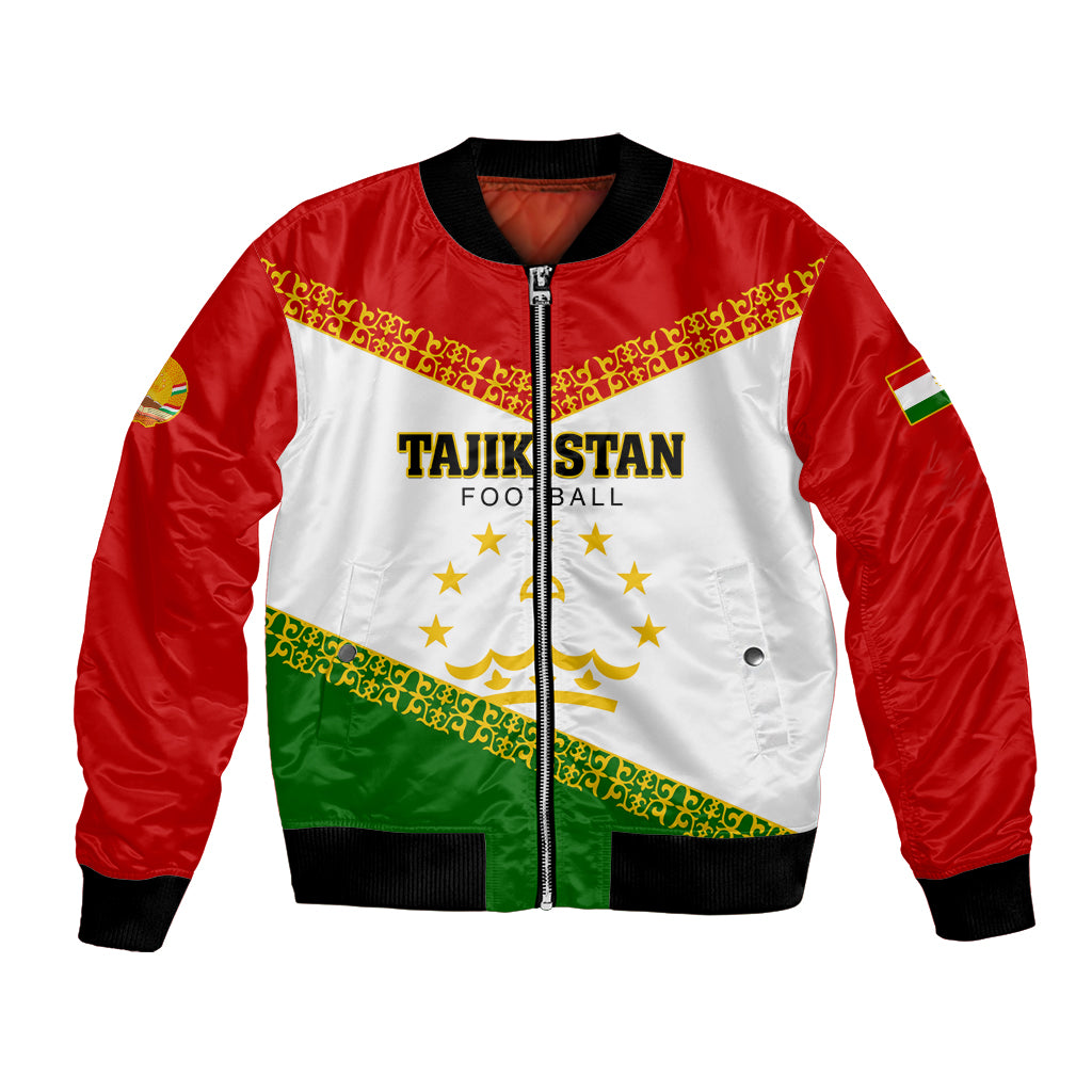 Unisex football bomber jacket, red sleeves, white/green panels, front zipper, ribbed cuffs