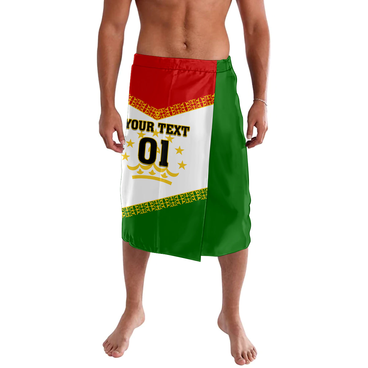 Tajikistan-style lavalava skirt in green, white, red with sports text and crest