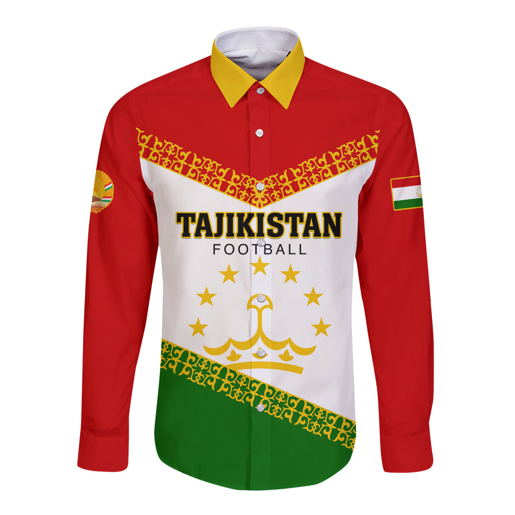 Unisex long-sleeve button shirt: red sleeves, yellow collar, white front with Tajikistan logo