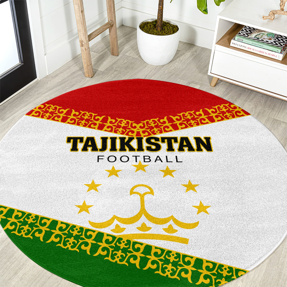 Round football carpet with Tajikistan lettering, stars and trophy; white with red/green edges.