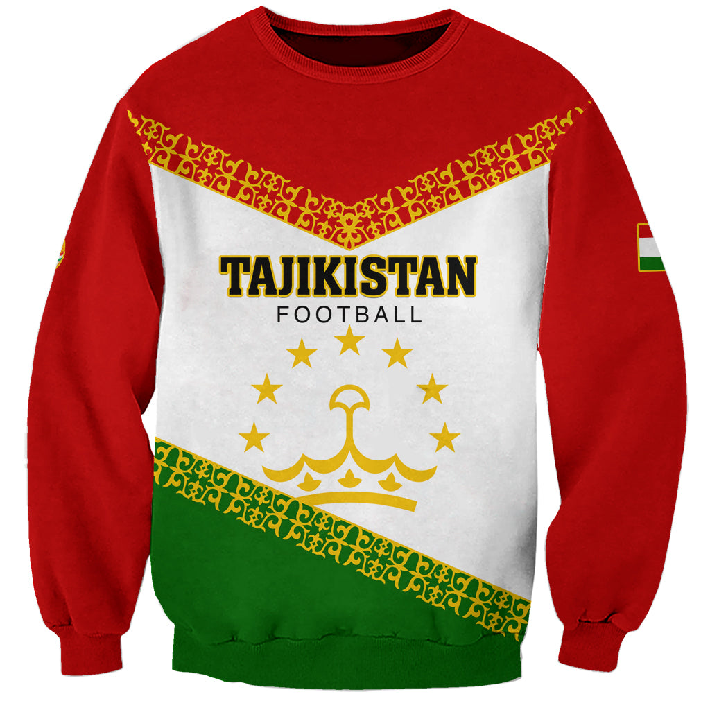 Unisex football sweatshirt with red sleeves and Tajikistan emblem print, white front