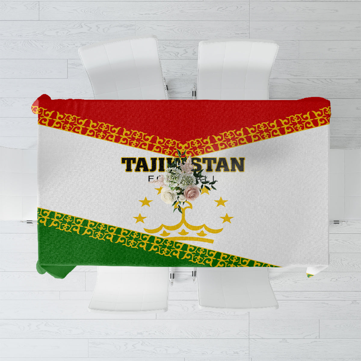 Green Tajikistan-themed tablecloth with red top band and yellow ornamental border