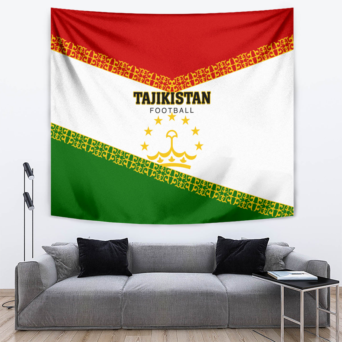 Tajikistan Football tapestry, red white green with gold diagonal script border and crest