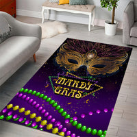 Purple carnival area rug with gold mask design, Mardi Gras text, and multicolor bead edge