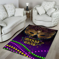 Purple Mardi Gras area rug with gold ornate mask center and green, purple, gold bead border