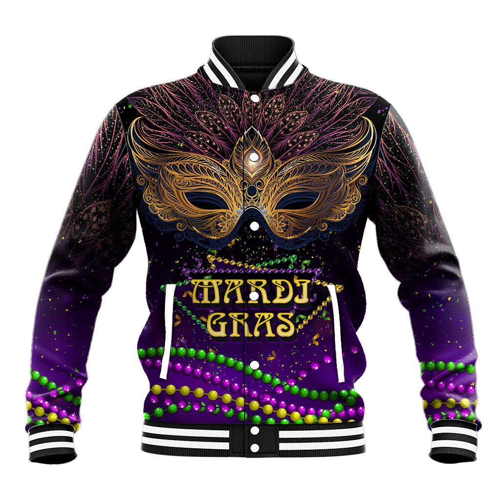Purple Mardi Gras baseball jacket with ornate mask graphic, striped rib collar, button front