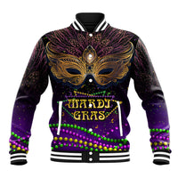 Purple Mardi Gras baseball jacket with ornate mask graphic, striped rib collar, button front