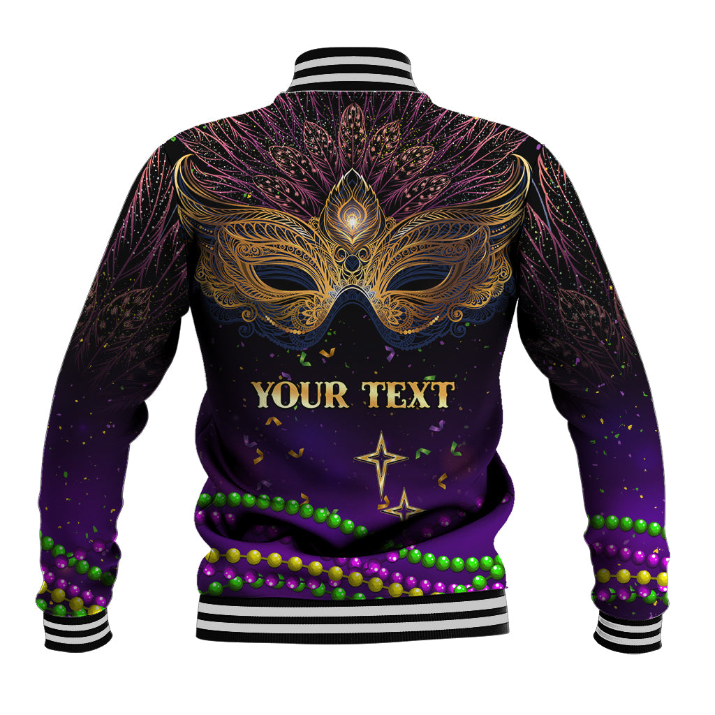 Purple baseball jacket back with peacock mask design, striped rib cuffs, green bead trim