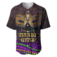 Purple baseball jersey with ornate Mardi Gras mask and “MARDI GRAS” front print