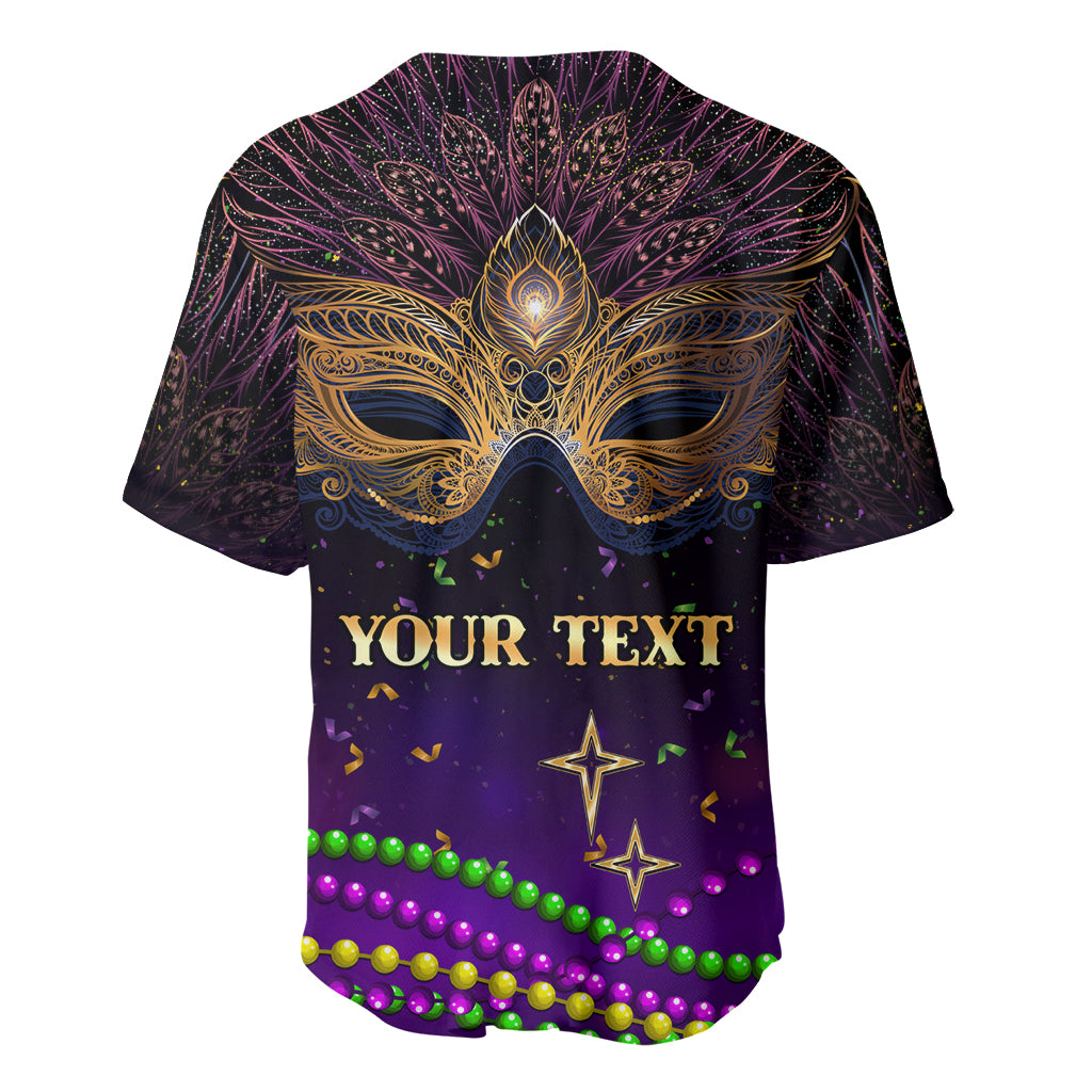 Purple baseball jersey with gold mask, “YOUR TEXT” graphic, and green bead trim