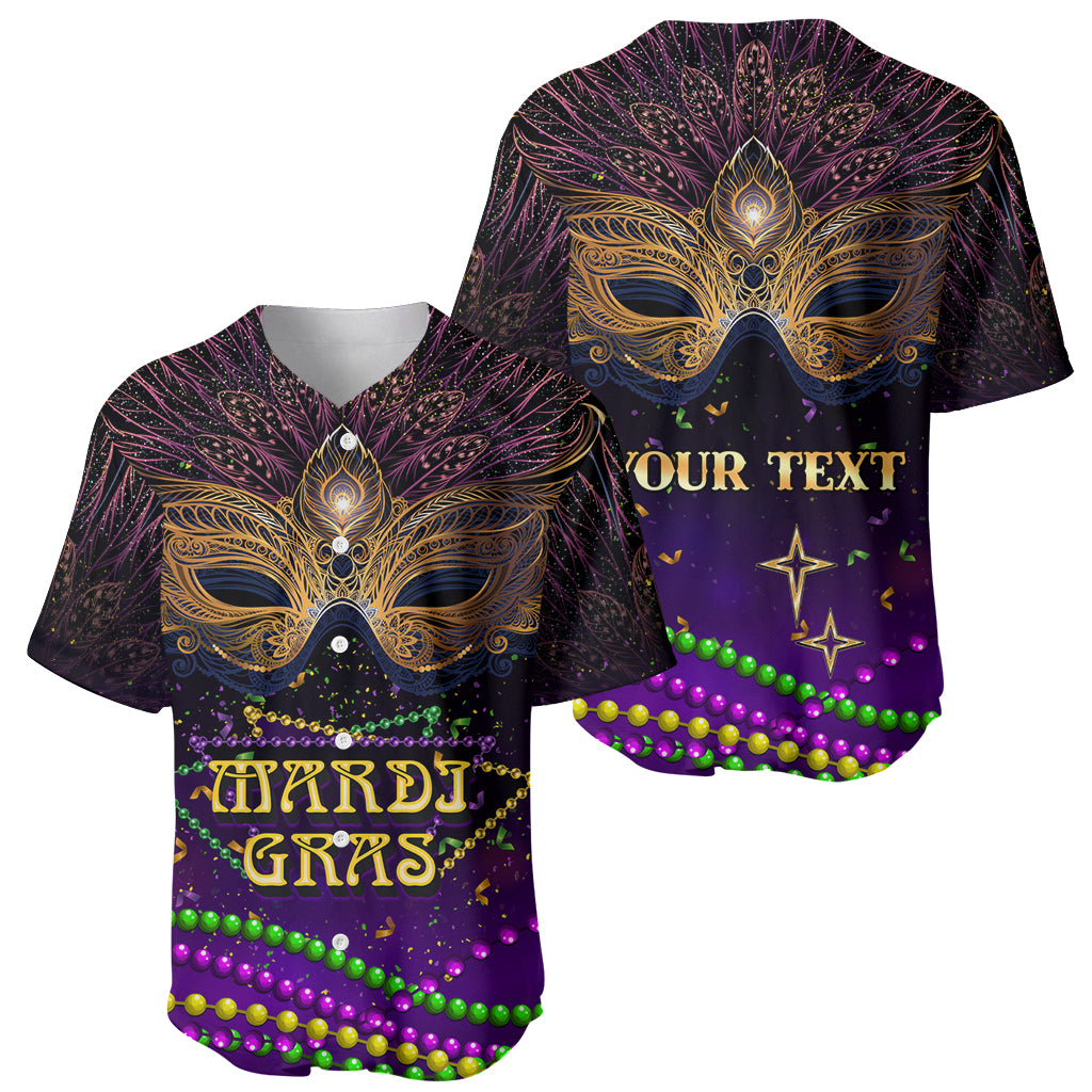 Purple baseball jersey set: Mardi Gras mask with “MARDI GRAS” and “YOUR TEXT”