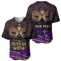 Purple baseball jersey set: Mardi Gras mask with “MARDI GRAS” and “YOUR TEXT”