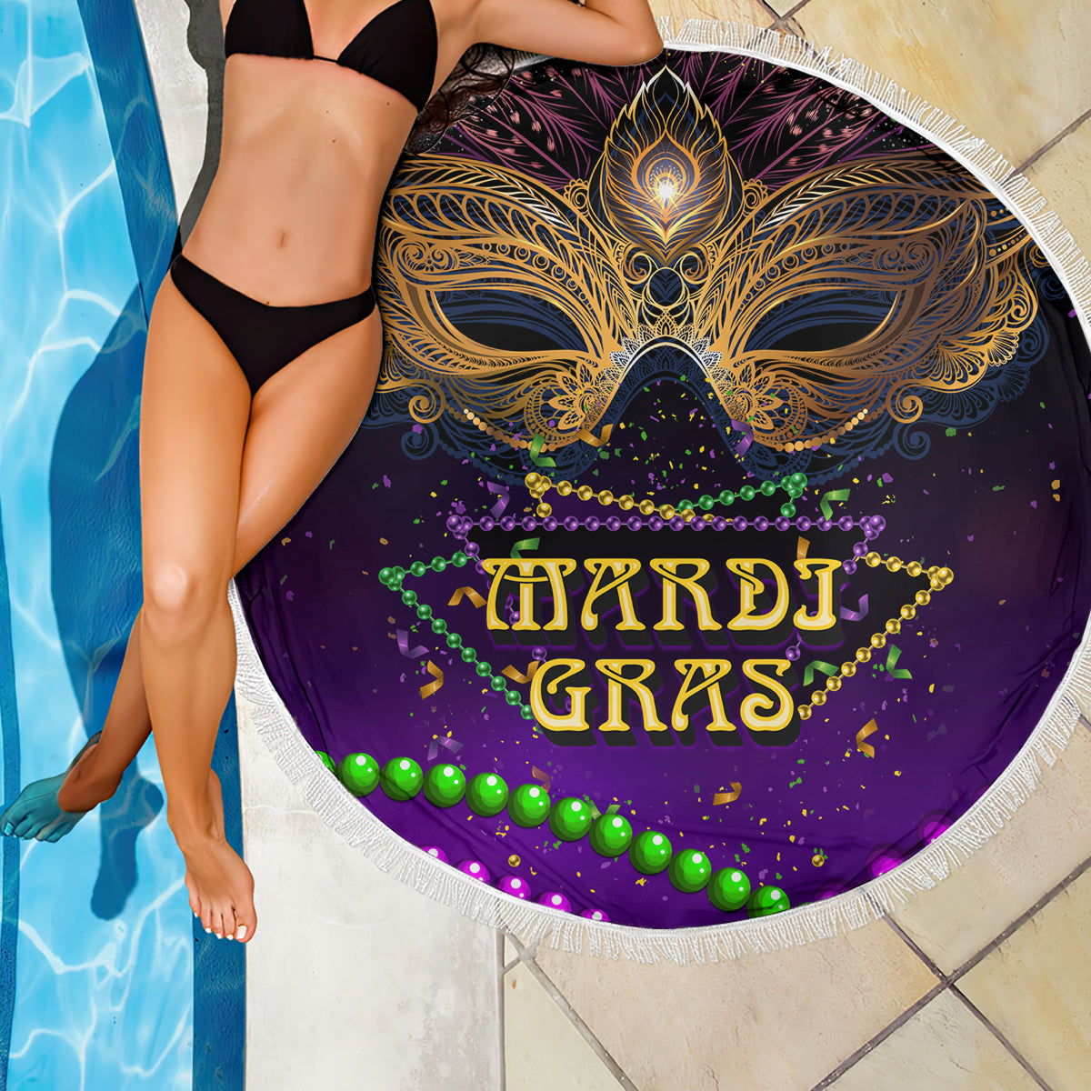 Purple round beach blanket featuring gold Mardi Gras mask graphic, beaded rows, white fringe