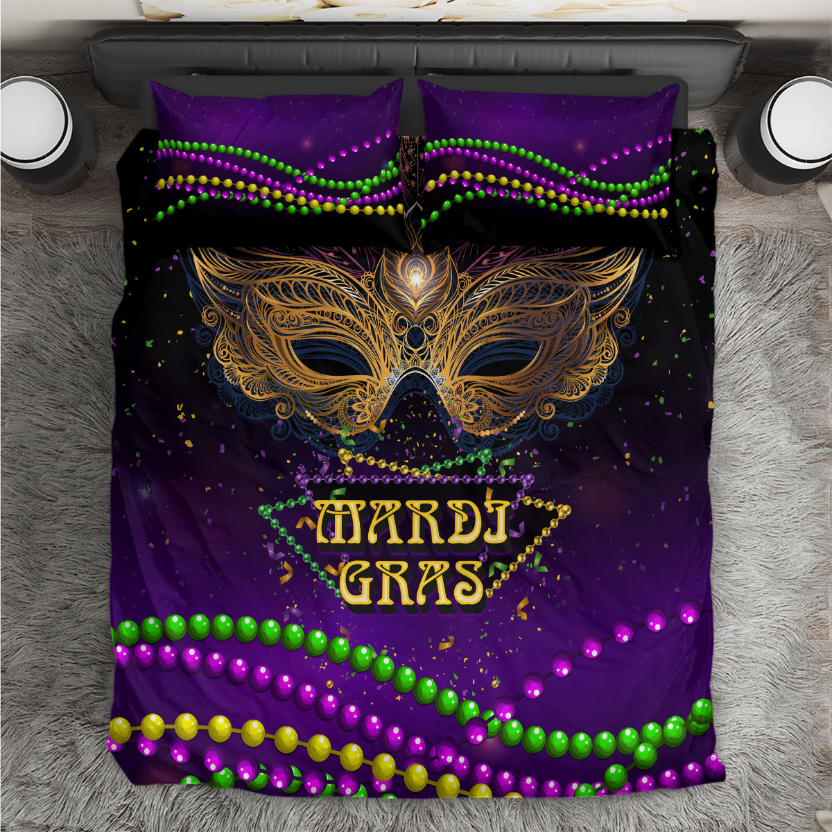 Mardi Gras bedding set: purple with gold masquerade mask and green, pink, yellow bead trim.