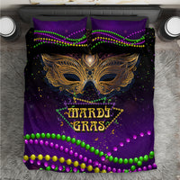 Mardi Gras bedding set: purple with gold masquerade mask and green, pink, yellow bead trim.