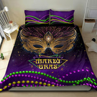 Mardi Gras bedding set with gold masquerade mask, purple design, multicolor bead garland edging.