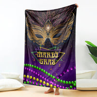 Purple Mardi Gras carnival mask blanket, hanging with gold mask artwork and bead borders