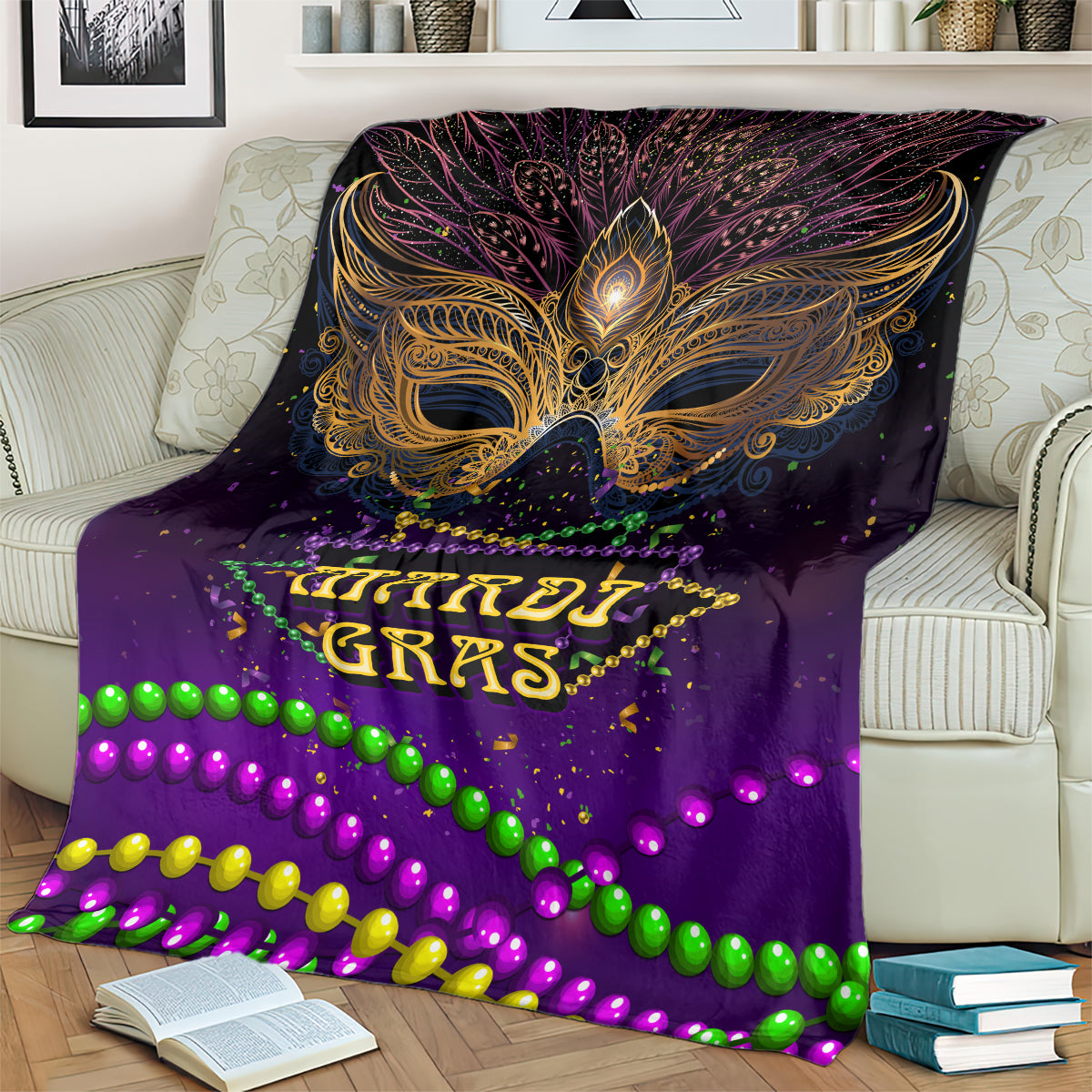 Purple Mardi Gras carnival mask blanket draped on couch, gold crest and multicolor bead garland