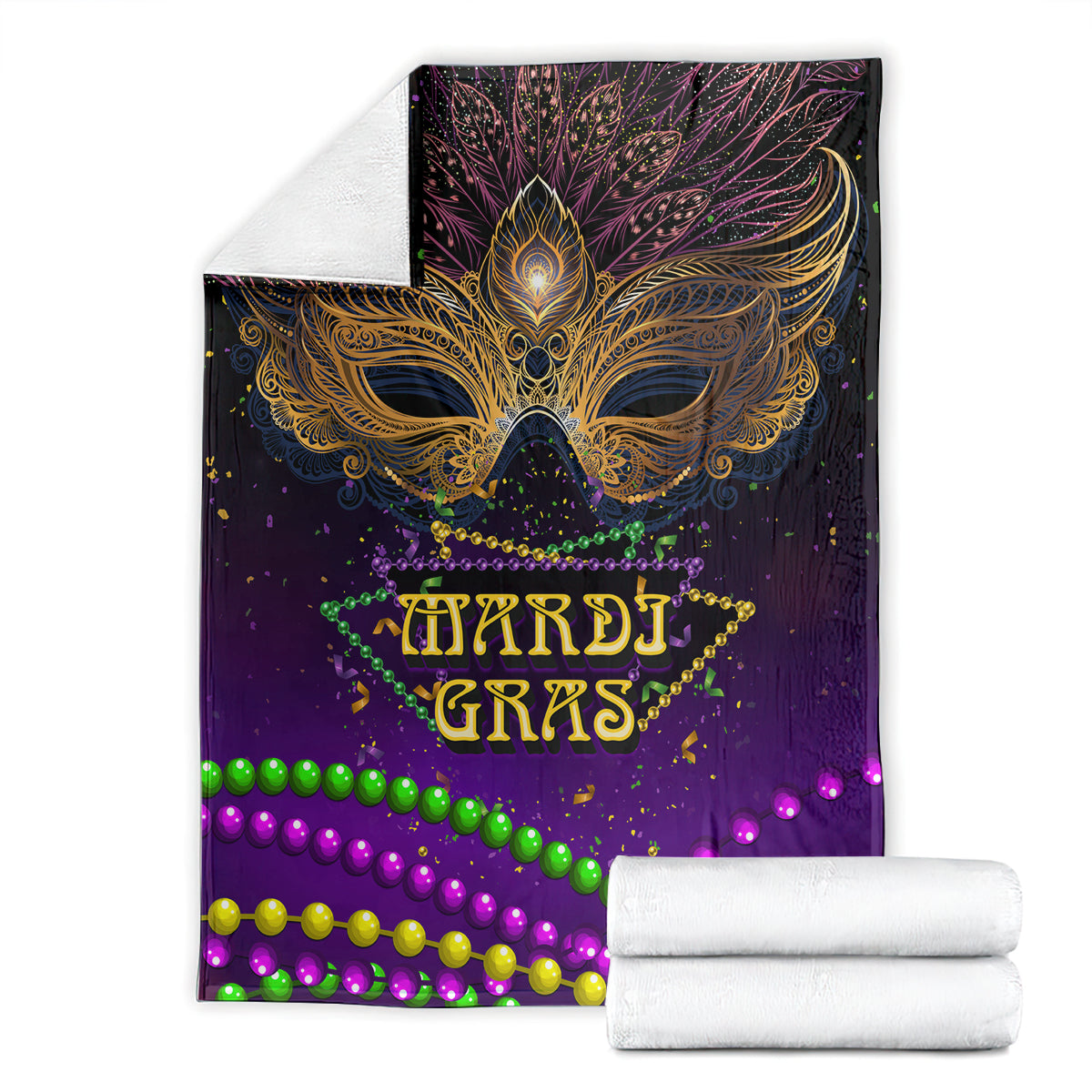 Purple Mardi Gras carnival mask blanket folded, featuring gold mask artwork and neon bead trim
