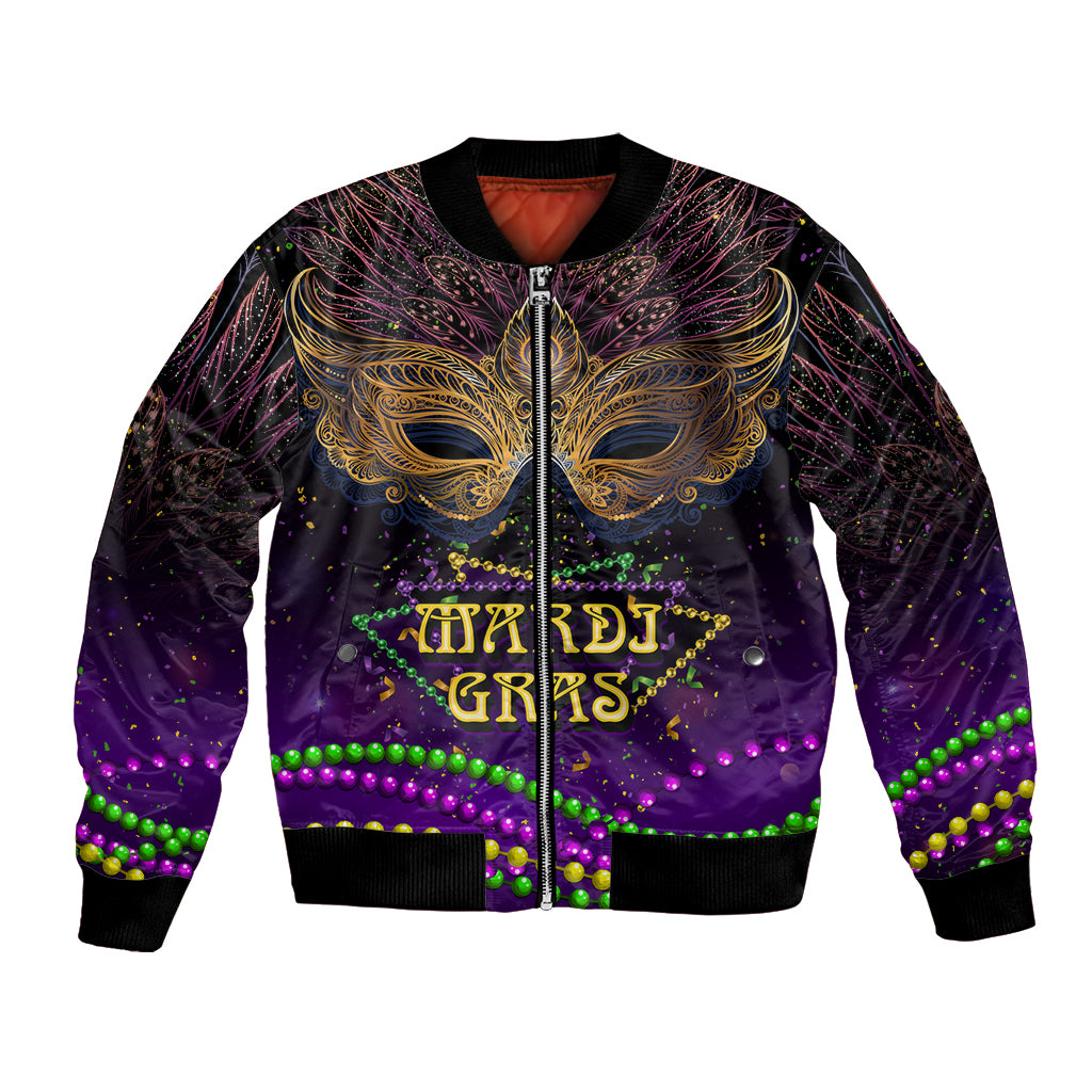 Unisex purple carnival bomber jacket with gold feather wing graphic and bead trim
