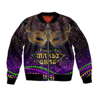 Unisex purple carnival bomber jacket with gold feather wing graphic and bead trim