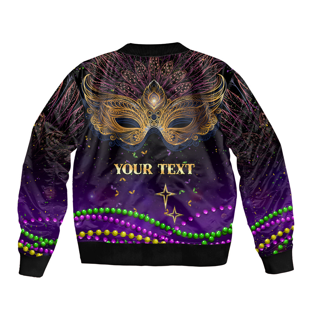 Unisex purple bomber jacket with blue-gold wings, bead trim, 'YOUR TEXT' front