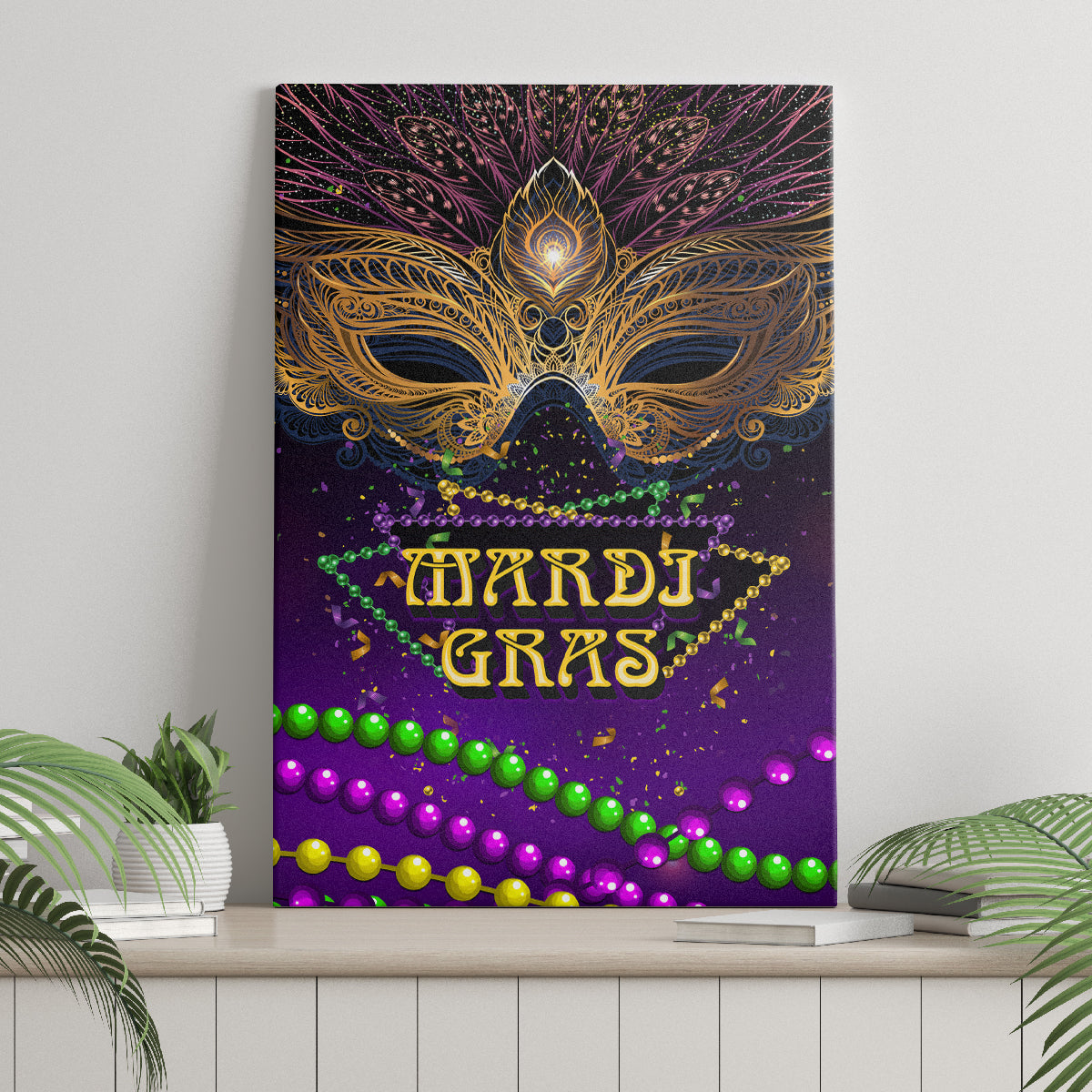 Purple Mardi Gras canvas wall art featuring an ornate carnival mask, MARDI GRAS text, and beads