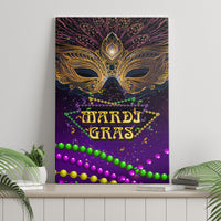 Purple Mardi Gras canvas wall art featuring an ornate carnival mask, MARDI GRAS text, and beads