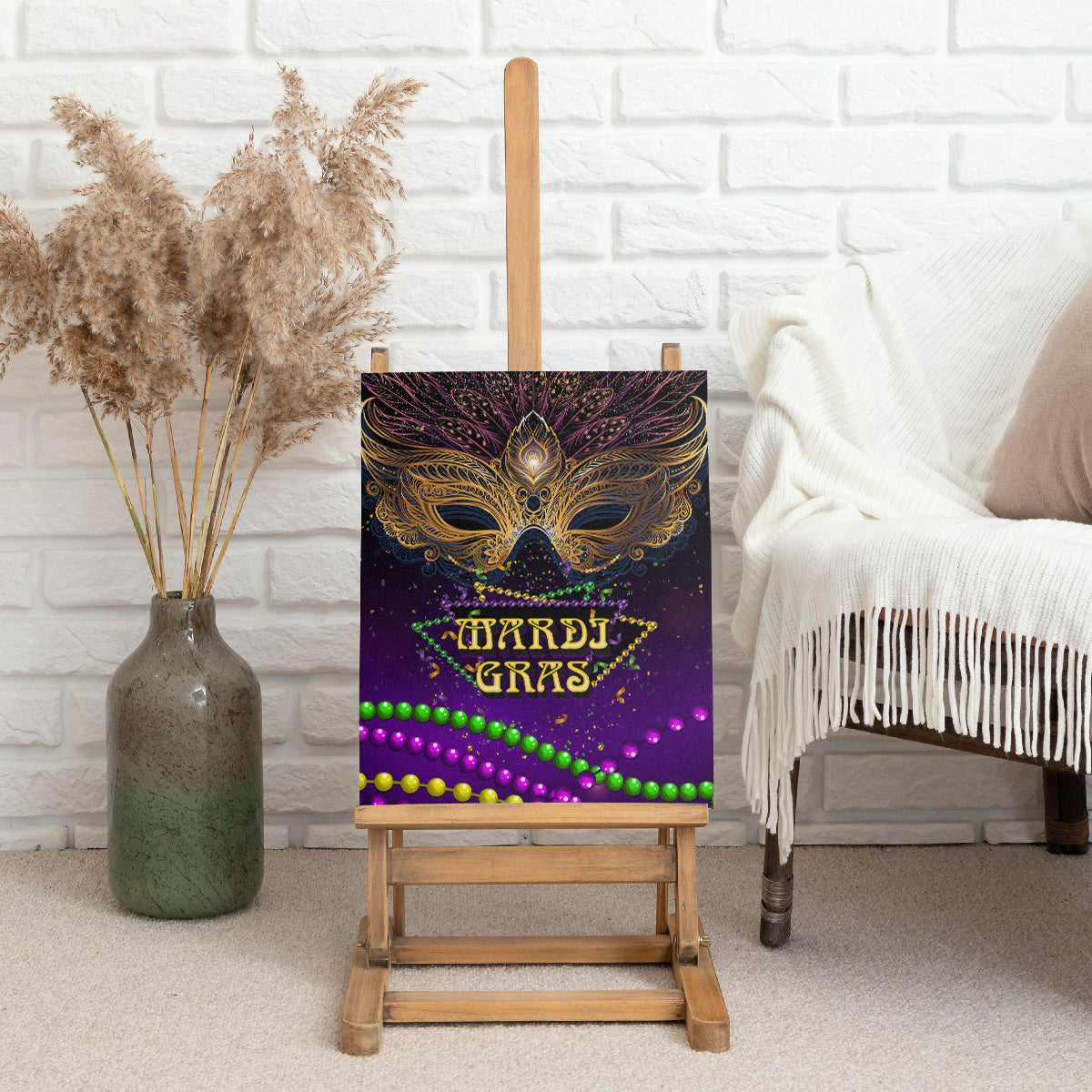 Purple Mardi Gras canvas wall art on an easel, with ornate carnival mask and bead garland