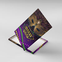 Angled purple Mardi Gras canvas wall art showing carnival mask, MARDI GRAS text, and bead strands