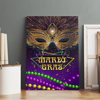 Purple Mardi Gras canvas wall art with ornate carnival mask, glowing beads, and MARDI GRAS lettering