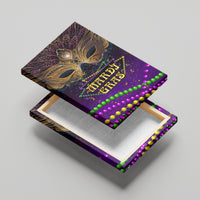 Tilted purple Mardi Gras canvas wall art with carnival mask artwork and multicolor bead border