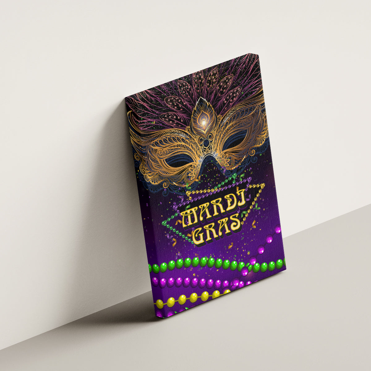 Purple Mardi Gras canvas wall art with ornate carnival mask, MARDI GRAS text, and beaded line