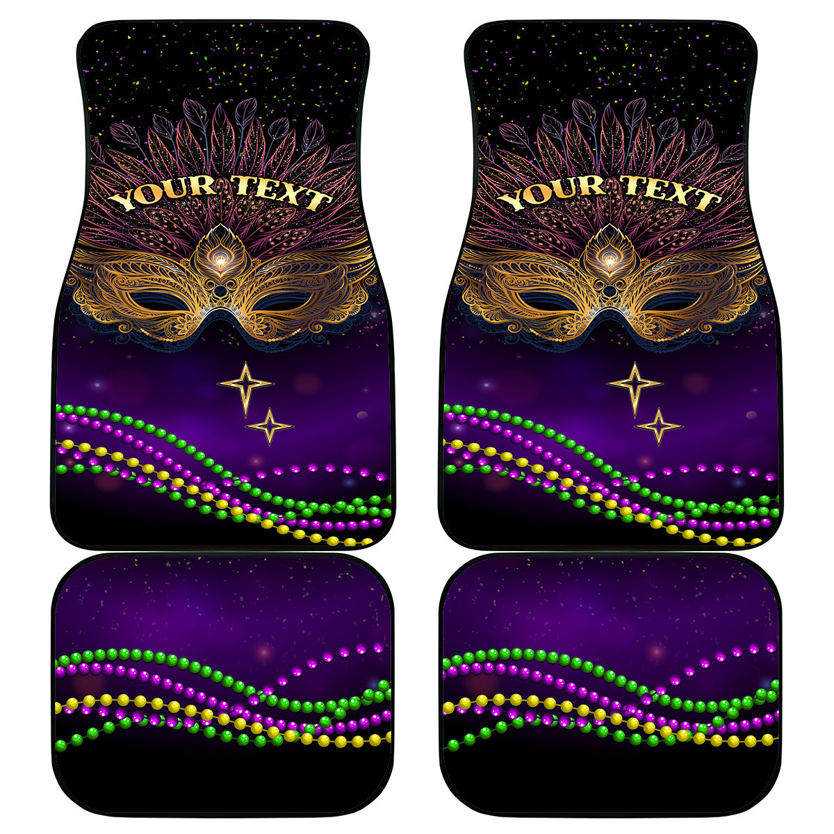 Set of 4 purple carnival car mats with mask artwork, bead trim, and 'YOUR TEXT' text.
